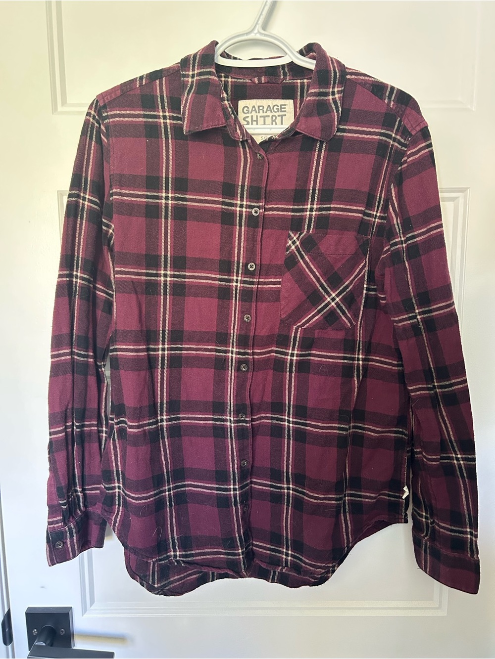 5/$25 Garage Burgundy and Black Plaid Button-Up Shirt